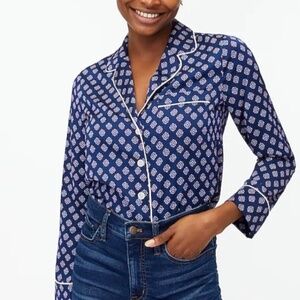 J. Crew NWT BLOUSE- Geometric Navy and Red Pajama Style Top Blouse